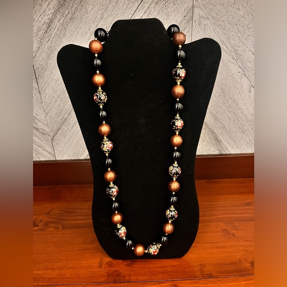Vintage Signed JAPAN Black Brown Tensha Flowers Beads Beaded 31" Necklace. - Picture 4 of 13